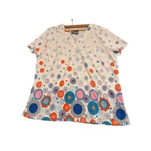 ButterSoft Stretch Scrub Top Womens XL White Blue Orange Floral Medallion V-Neck